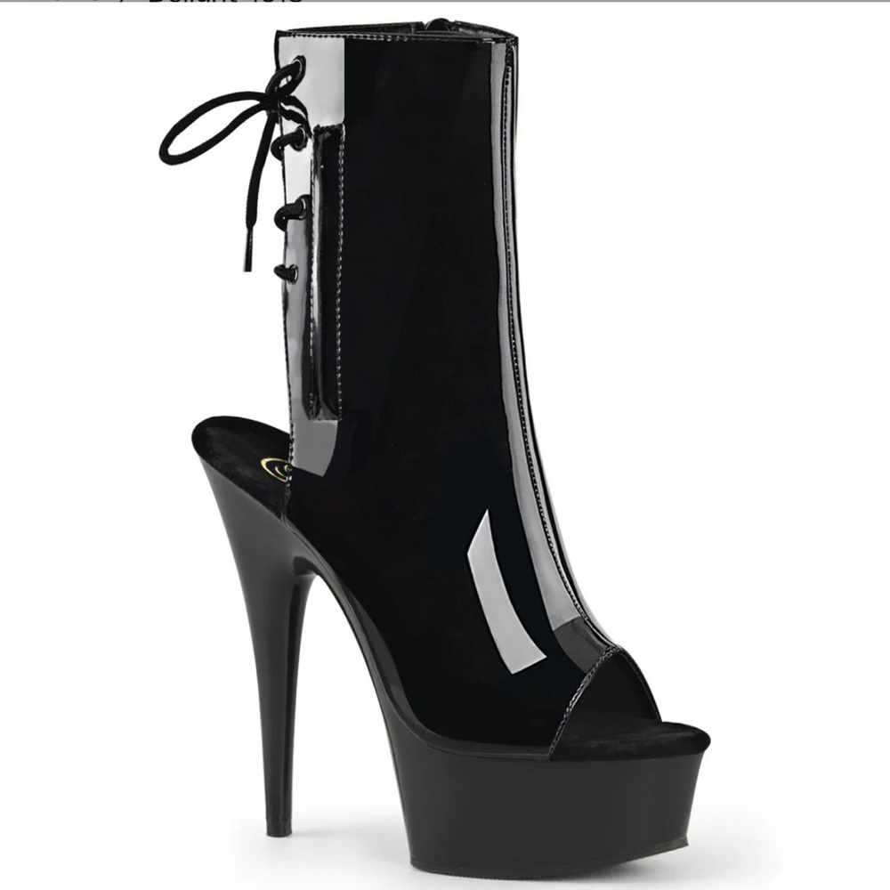 Pleaser Delight-1018 Black Patent Leather Open Toe Platform Stiletto Heels